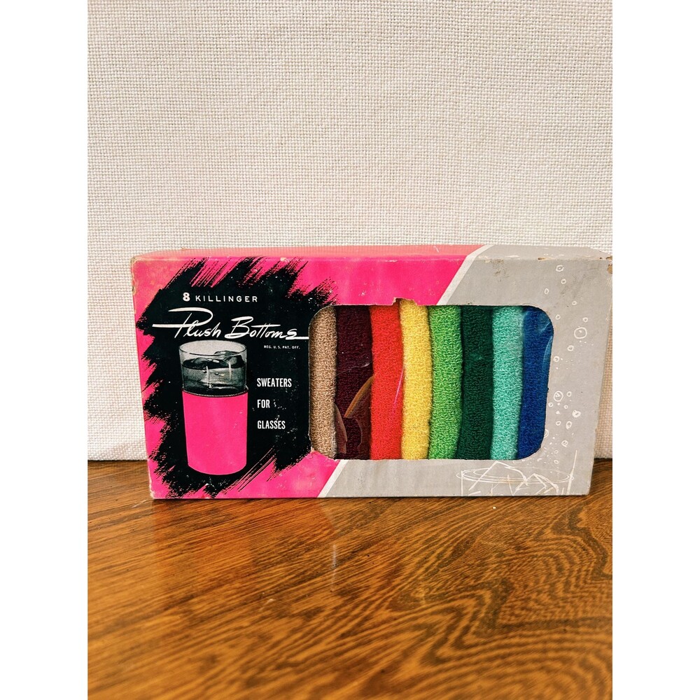 Vintage Killinger Plush Bottoms Sweaters for Glasses Boxed Set MCM Retro Barware